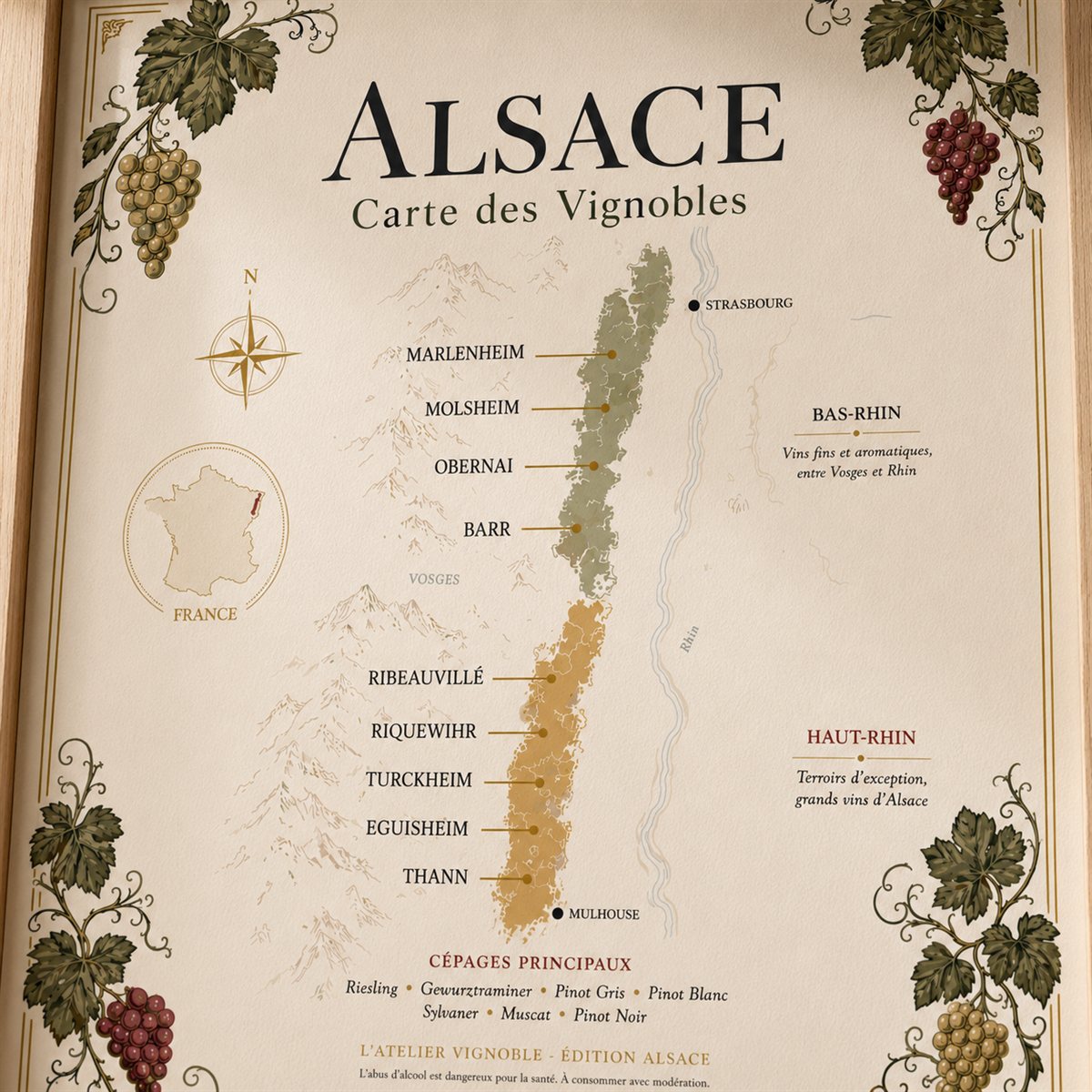 Alsace - Carte des Vignobles - Affiche complète