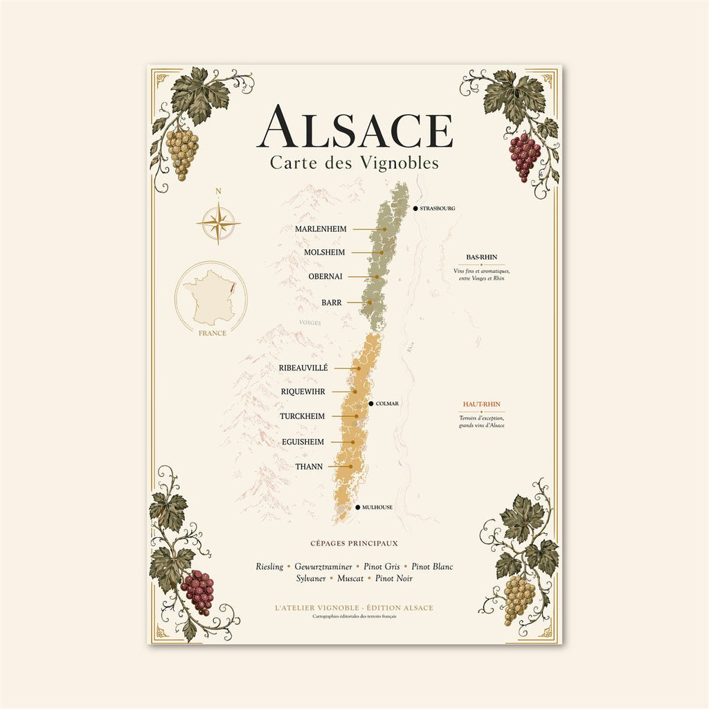 Affiche Alsace Carte des Vignobles 50x70 cm sur fond crème