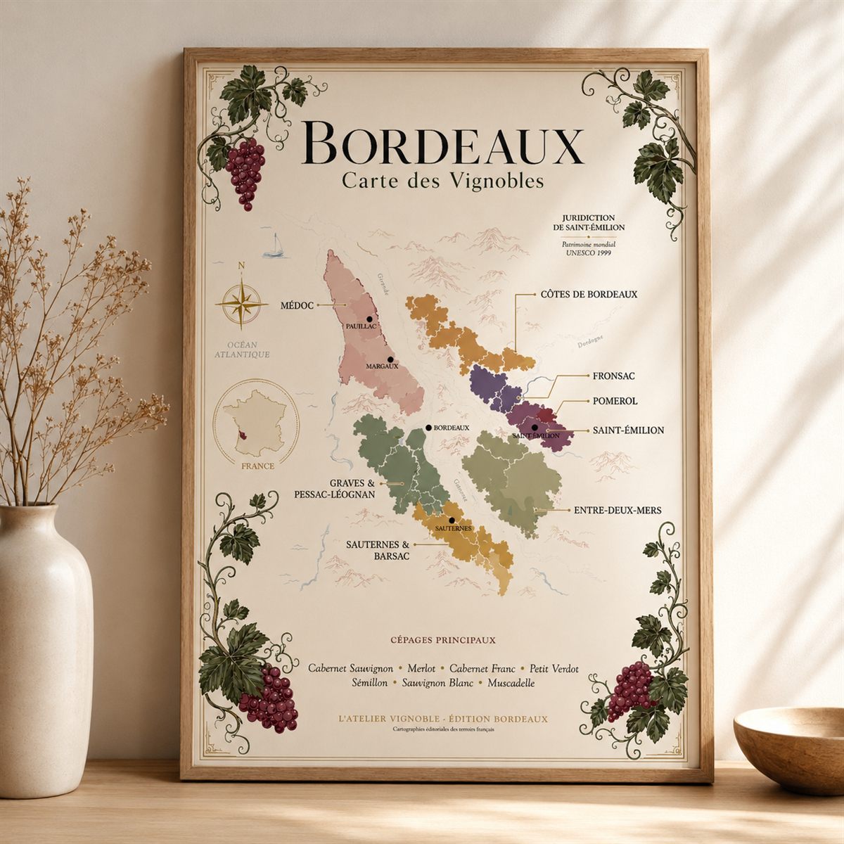 Affiche Bordeaux Carte des Vignobles 50x70 cm encadrée