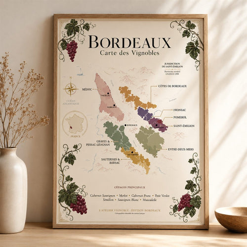 Affiche Bordeaux Carte des Vignobles 50x70 cm encadrée