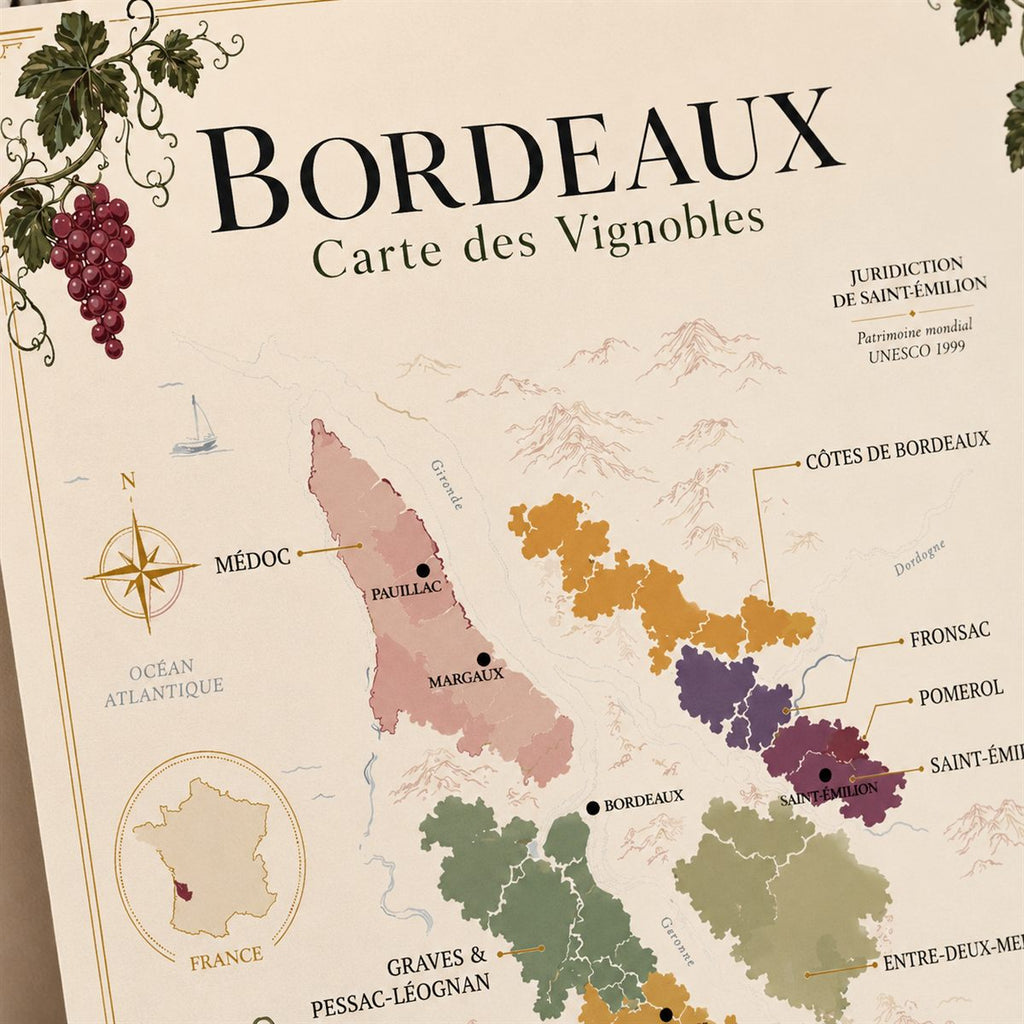 Affiche Bordeaux Carte des Vignobles 50x70 cm zoom détail