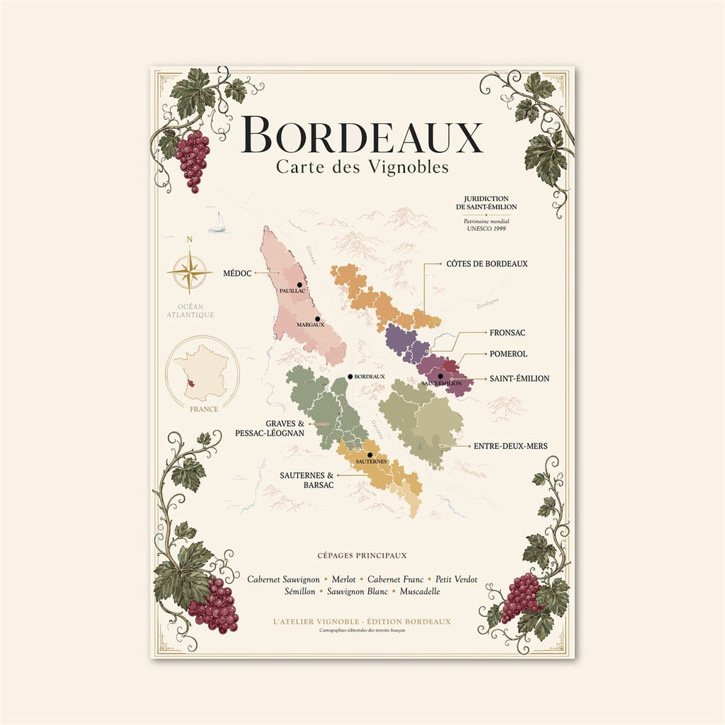 Affiche Bordeaux Carte des Vignobles 50x70 cm sur fond crème