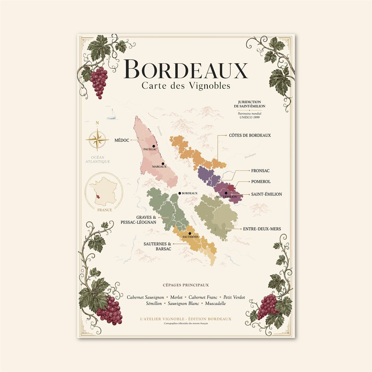Affiche Bordeaux Carte des Vignobles 50x70 cm sur fond crème