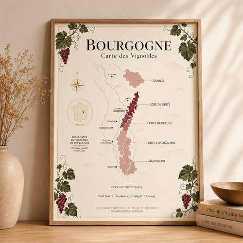 Affiche Bourgogne Carte des Vignobles 50x70 cm encadrée