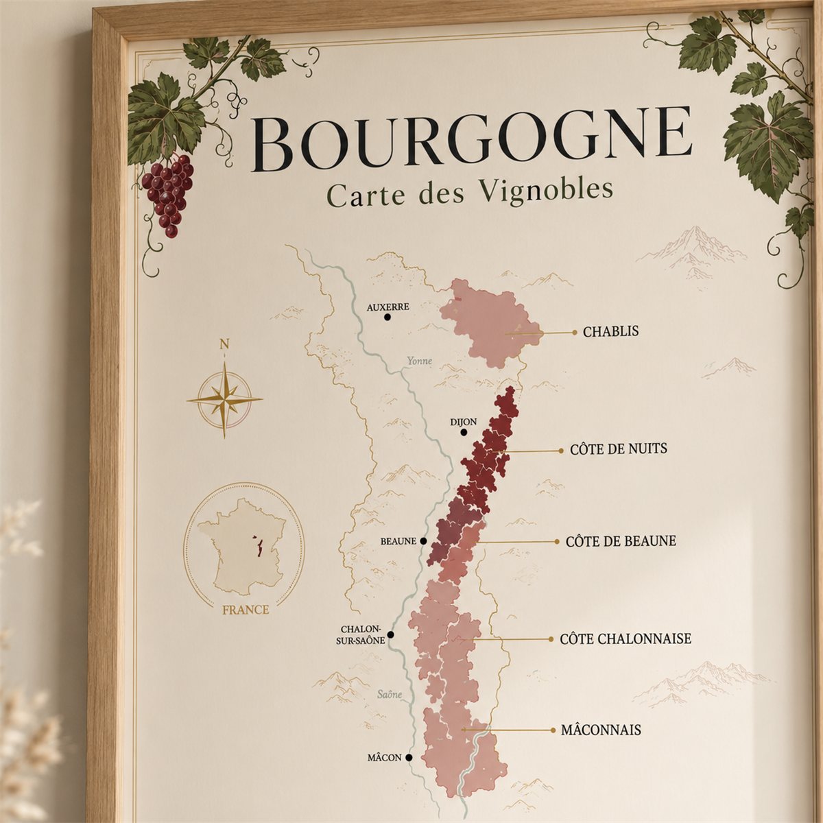 Bourgogne - Carte des Vignobles - Affiche complète