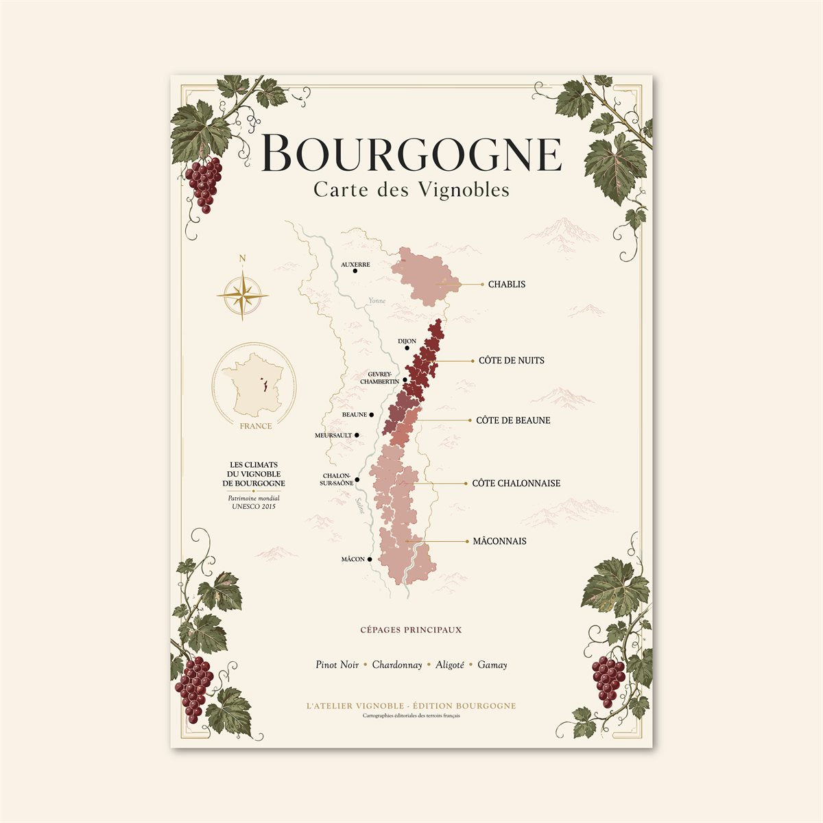 Affiche Bourgogne Carte des Vignobles 50x70 cm sur fond crème