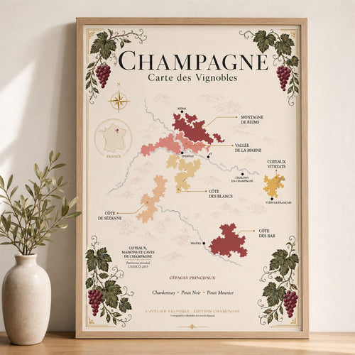 Affiche Champagne Carte des Vignobles 50x70 cm encadrée