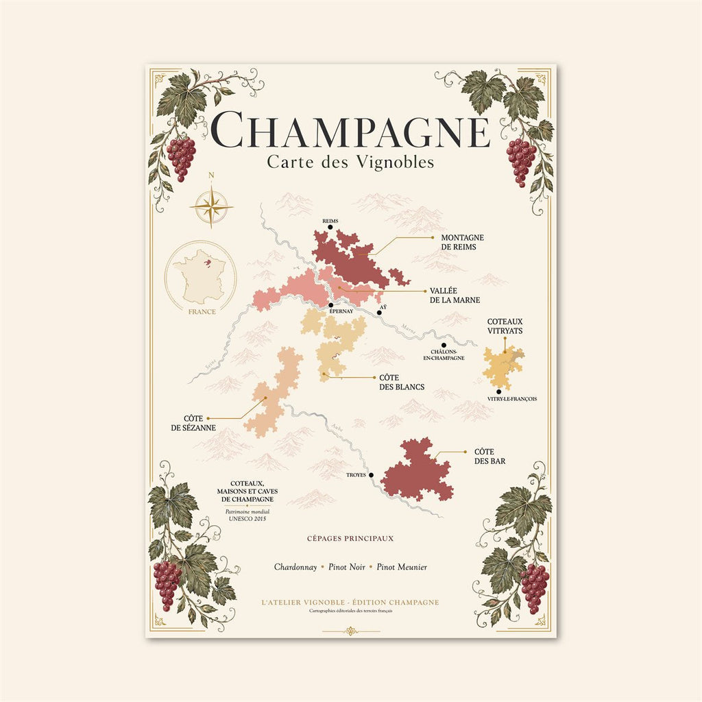 Affiche Champagne Carte des Vignobles 50x70 cm sur fond crème