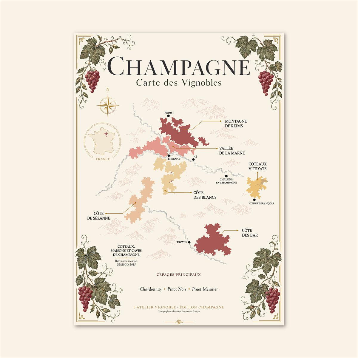 Affiche Champagne Carte des Vignobles 50x70 cm sur fond crème