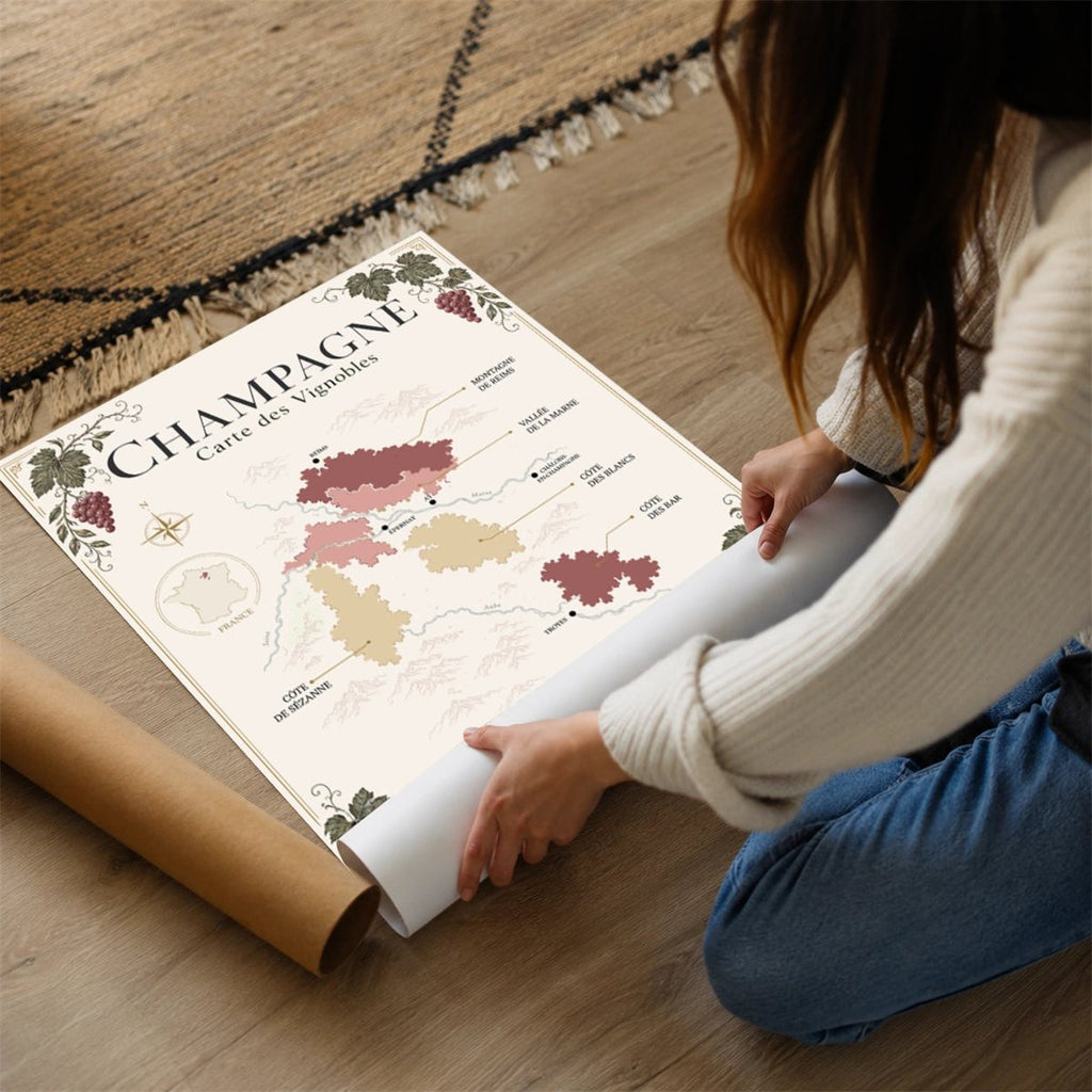 Affiche Champagne Carte des Vignobles 50x70 cm - Mockup déroulé
