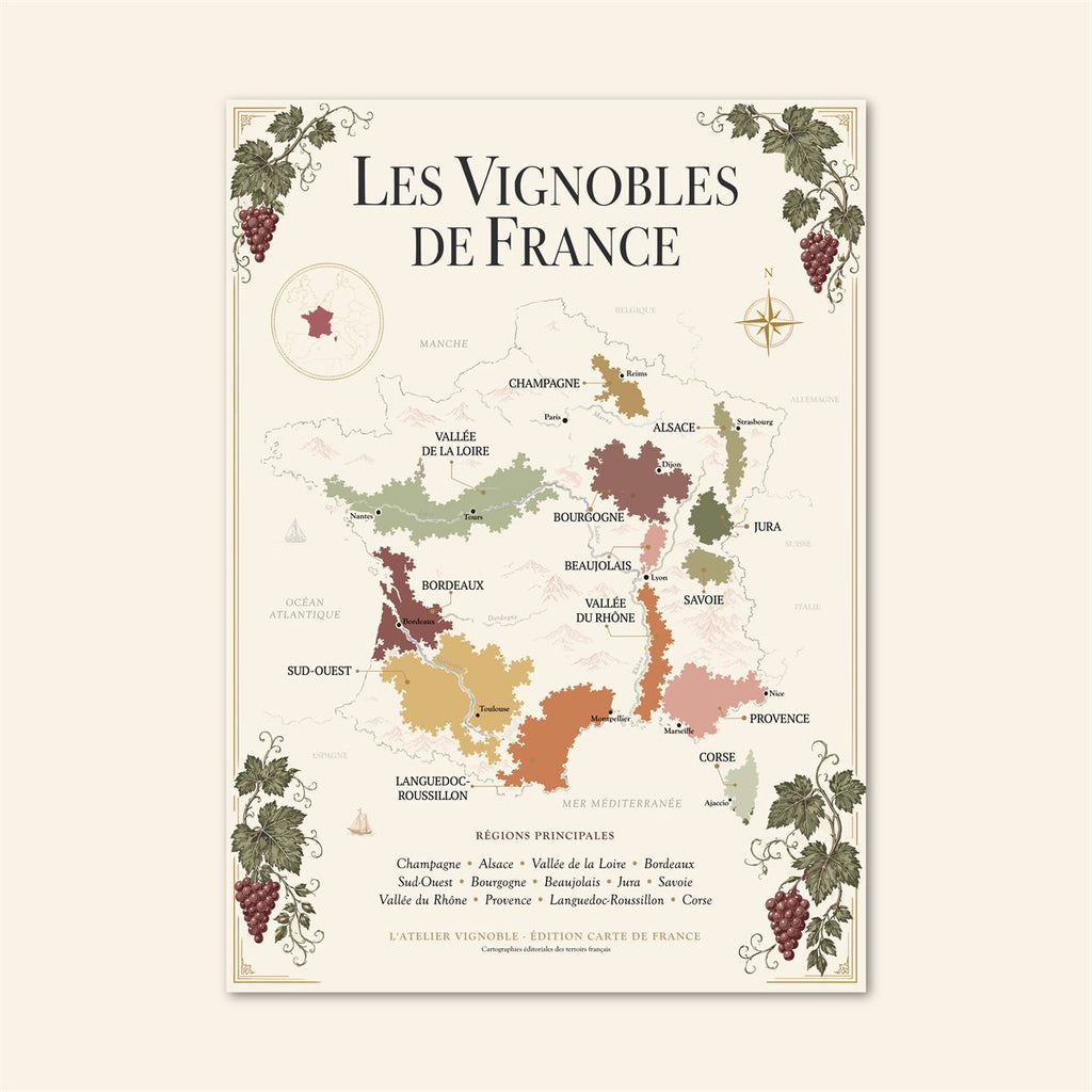 Affiche France Carte des Vignobles 50x70 cm sur fond crème
