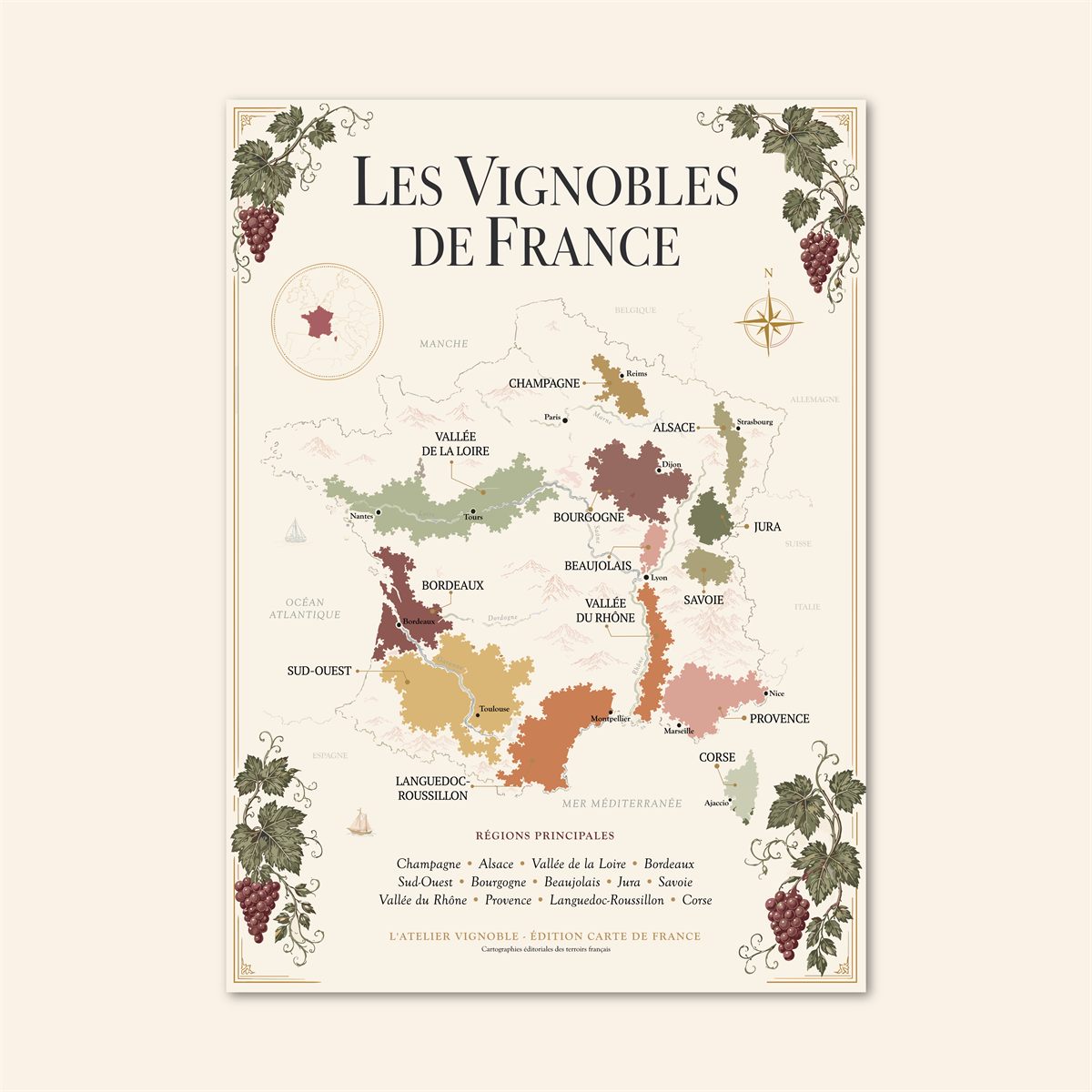 Affiche France Carte des Vignobles 50x70 cm sur fond crème