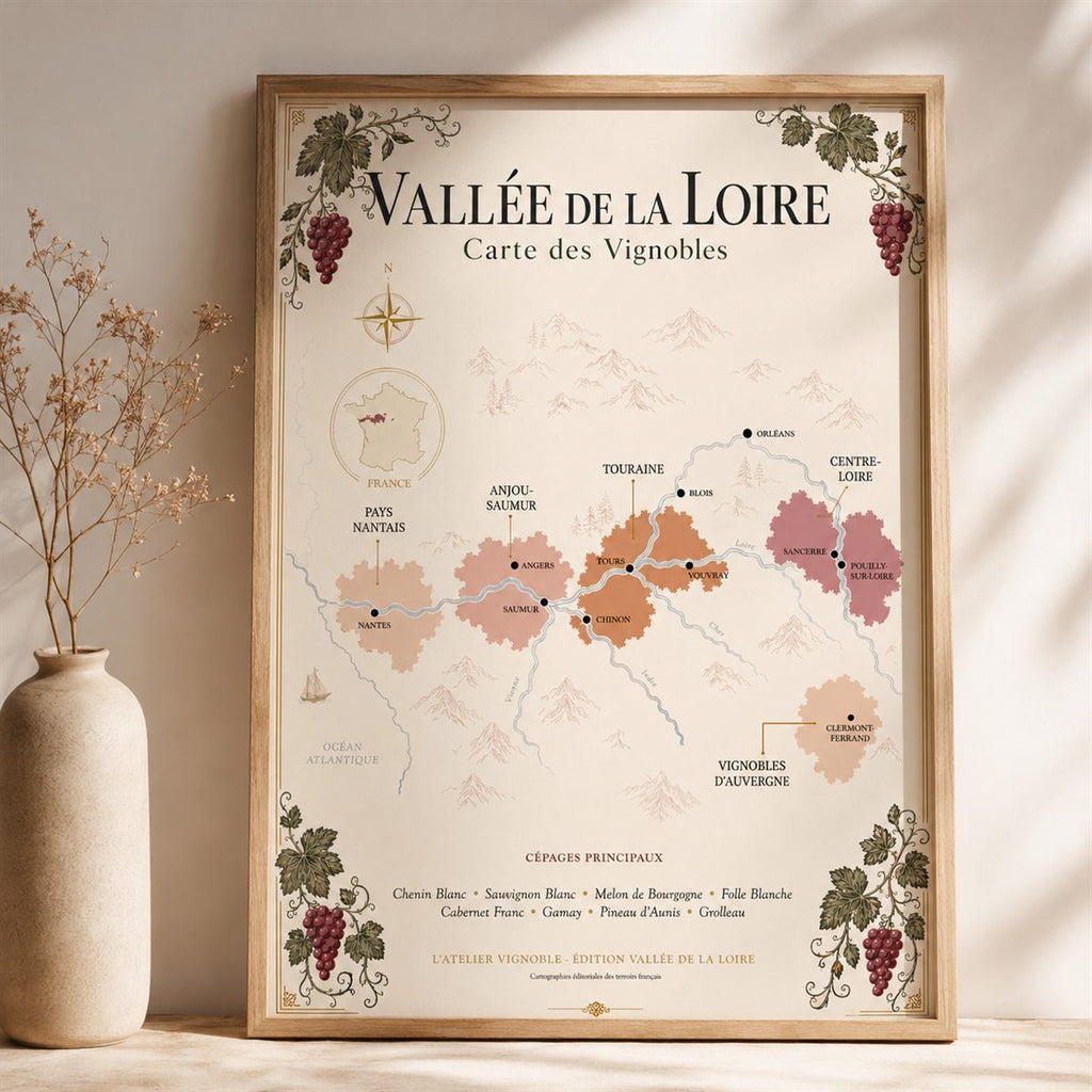 Affiche Vallée de la Loire Carte des Vignobles 50x70 cm encadrée