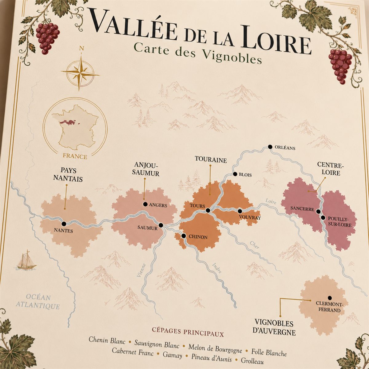 Affiche Vallée de la Loire Carte des Vignobles 50x70 cm zoom détail