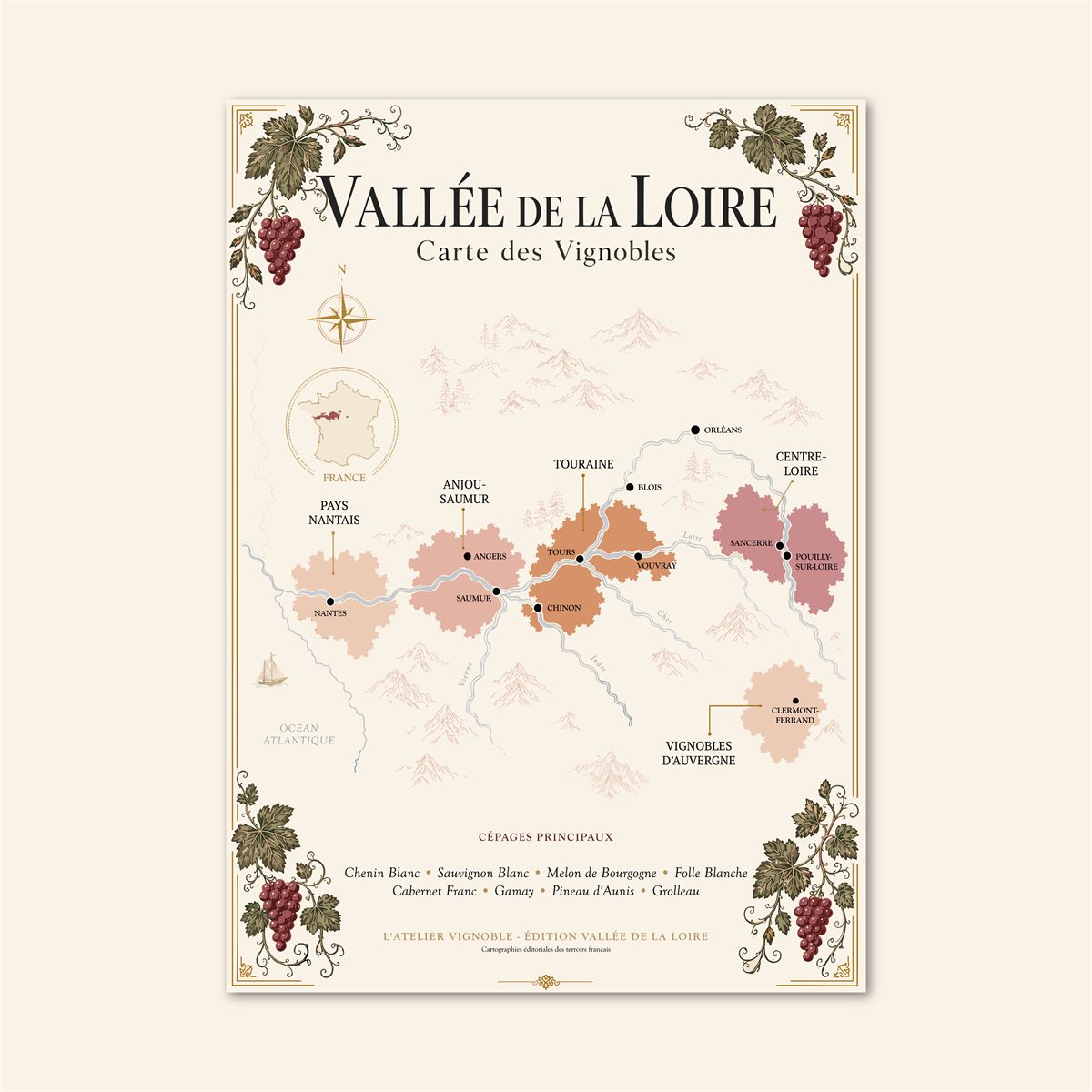 Affiche Vallée de la Loire Carte des Vignobles 50x70 cm sur fond blanc