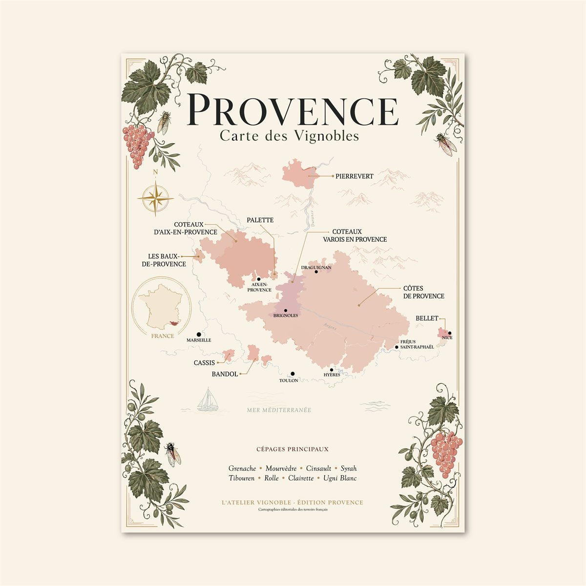 Affiche Provence Carte des Vignobles 50x70 cm sur fond crème
