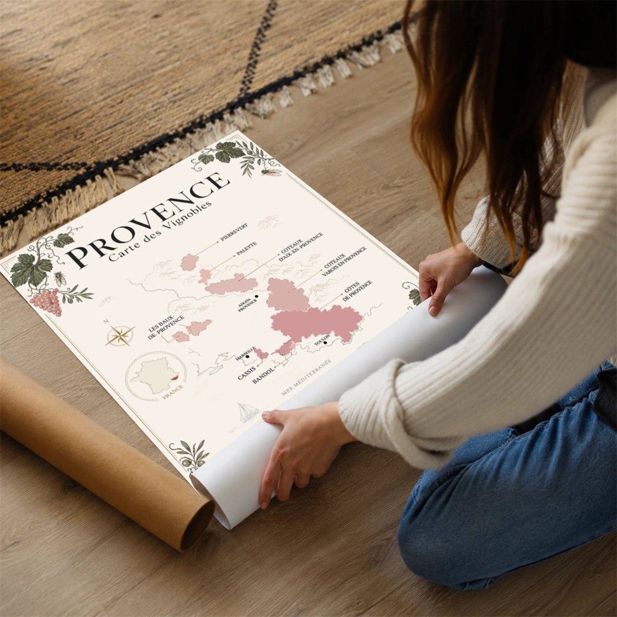 Affiche Provence Carte des Vignobles 50x70 cm - Mockup déroulé