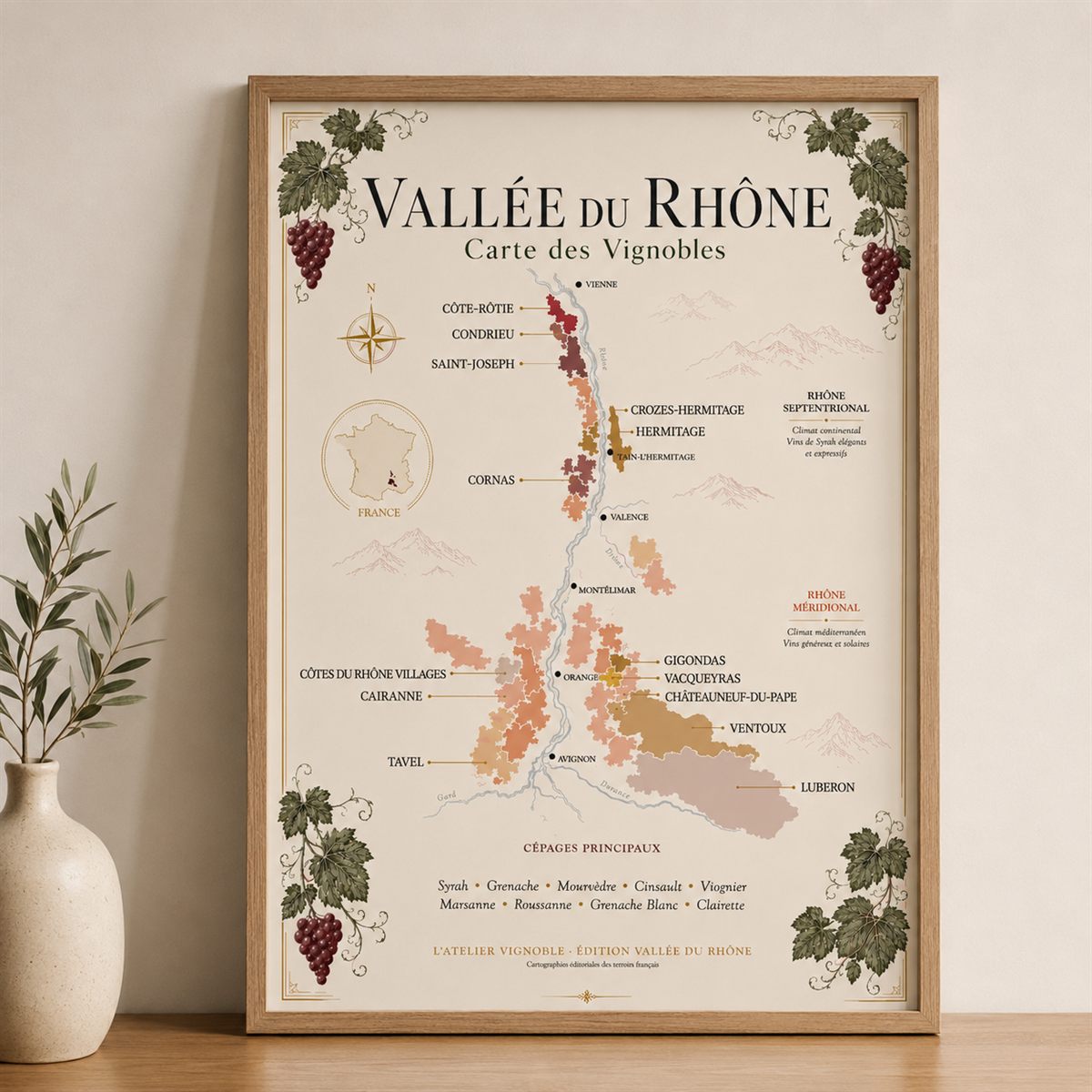 Affiche Vallée du Rhône Carte des Vignobles 50x70 cm encadrée