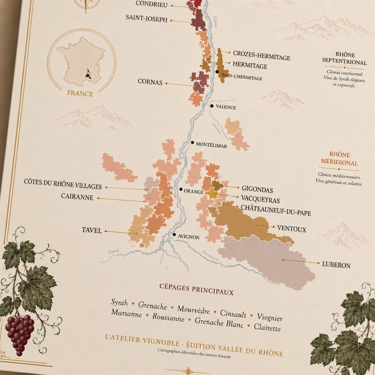 Affiche Vallée du Rhône Carte des Vignobles 50x70 cm zoom détail