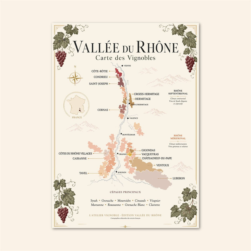 Affiche Vallée du Rhône Carte des Vignobles 50x70 cm sur fond crème