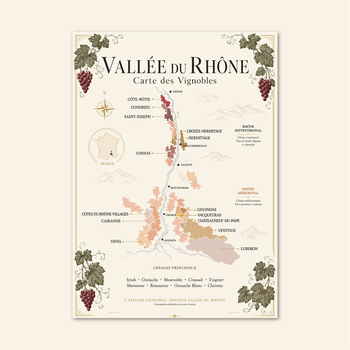 Affiche Vallée du Rhône Carte des Vignobles 50x70 cm sur fond crème